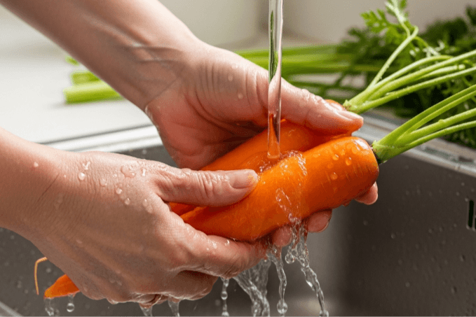 Washing vegetables with clean water